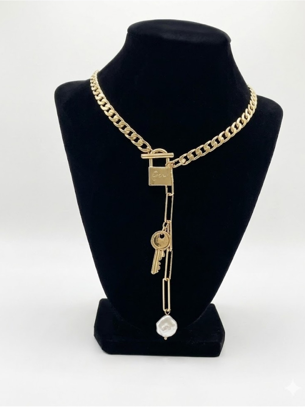 Paper Clip Necklace 14K Gold Plated Chain Choker Pearl Necklace with Charm